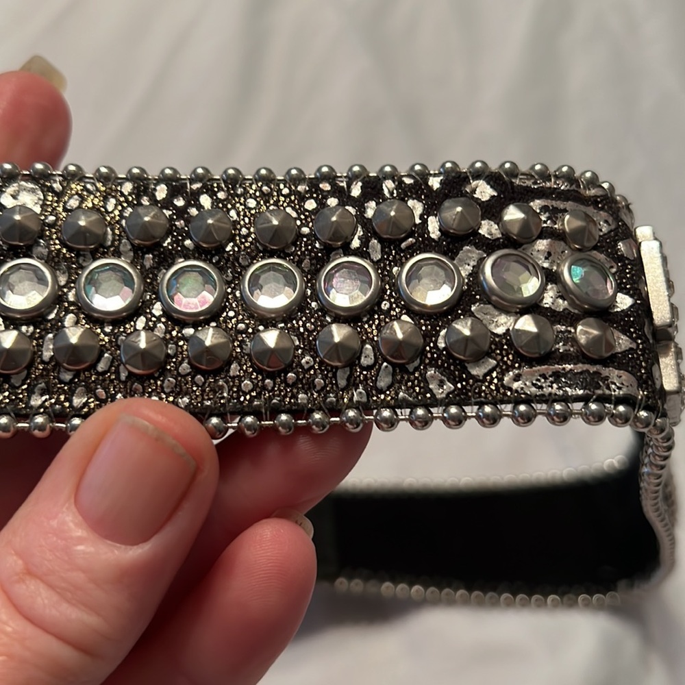 Headband-Black Distressed with Bezel Set Crystals & Silver Studs Western Bling - Picture 5 of 11